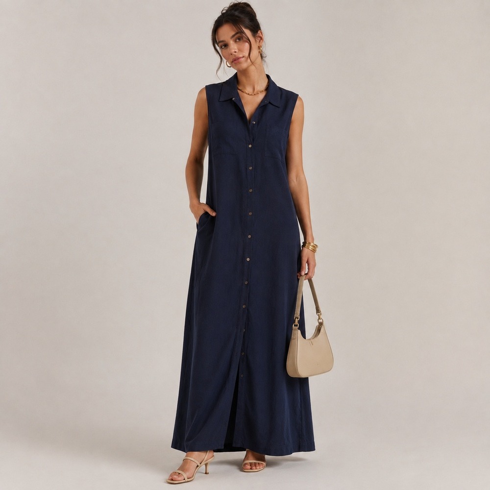 Valerie Stevens Navy Blue 100% Pure Silk Sleeveless Maxi Shirt Dress Size 16